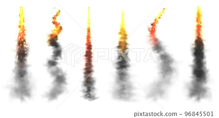 Realistic black smoke with fire, space rocket launch trails. Fire burst, explosion. Missile or bullet trail. Jet aircraft tracks. Smoke clouds, fog. Steam flow. Vector illustration Realistic black smoke with fire, space rocket launch trails. Fire burst, explosion. Missile or bullet trail. Jet aircraft tracks. Smoke clouds, fog. Steam flow. Vector illustration 96845501