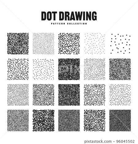 Square shaped dotted objects, stipple elements. Stippling, dotwork drawing, shading using dots. Pixel disintegration, halftone effect. White noise grainy texture, pattern. Vector illustration Square shaped dotted objects, stipple elements. Stippling, dotwork drawing, shading using dots. Pixel disintegration, halftone effect. White noise grainy texture, pattern. Vector illustration 96845502