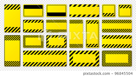 Various blank yellow warning signs with diagonal lines. Attention, danger or caution sign, construction site signage. Realistic notice signboard, warning banner, road shield. Vector illustration 96845504