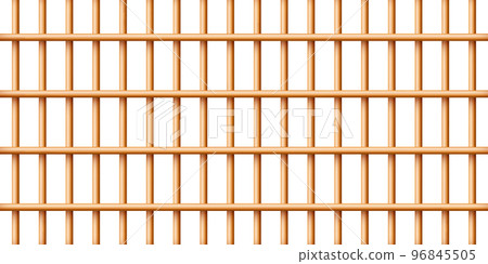 Realistic wooden lattice, rural picket fence. Farm or village house boundary, garden enclosing planks. Detailed wooden jail cage. Criminal background mockup. Creative vector illustration 96845505
