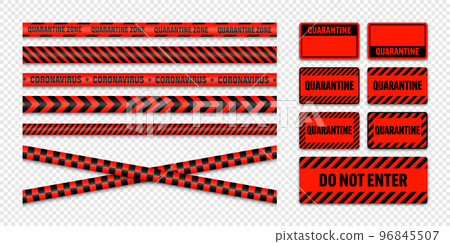 Various quarantine zone warning tapes and shields. Novel coronavirus outbreak. Global lockdown. Coronavirus danger stripe. Police caution line, restricted area. Construction tape. Vector illustration 96845507
