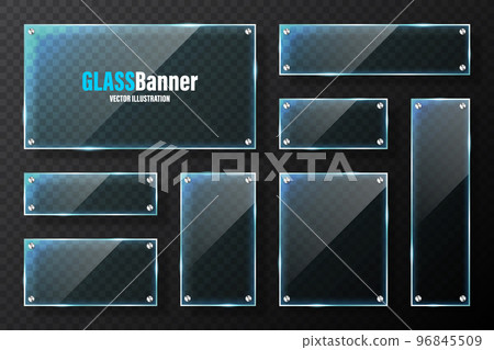 Realistic glass frames with metal holders. Blue transparent glass banners with flares and highlights. Glossy acrylic plate, element with light reflection and place for text. Vector illustration 96845509