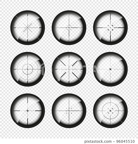 Various weapon sights, sniper rifle optical scopes. Hunting gun viewfinder with crosshair. Aim, shooting mark symbol. Military target sign, silhouette. Game interface UI element. Vector illustration Various weapon sights, sniper rifle optical scopes. Hunting gun viewfinder with crosshair. Aim, shooting mark symbol. Military target sign, silhouette. Game interface UI element. Vector illustration 96845510