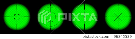 Various weapon night sights, sniper rifle optical scopes. Hunting gun viewfinder with crosshair. Aim, shooting mark symbol. Military target sign, silhouette. Game UI element. Vector illustration Various weapon night sights, sniper rifle optical scopes. Hunting gun viewfinder with crosshair. Aim, shooting mark symbol. Military target sign, silhouette. Game UI element. Vector illustration 96845529