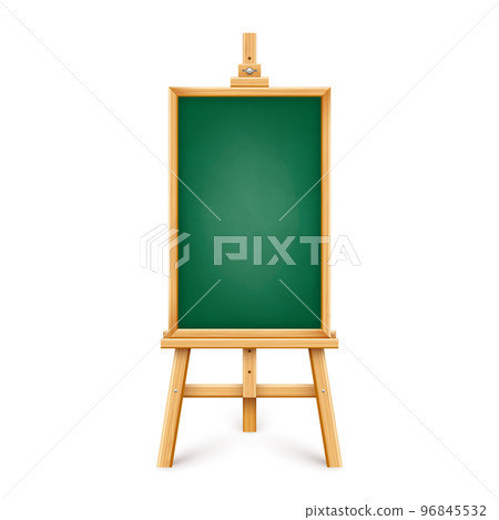 Realistic green chalkboard on wooden easel. Blank blackboard in wooden frame on a tripod. Presentation board, writing surface for text, drawing. Online studying, learning mockup. Vector illustration 96845532