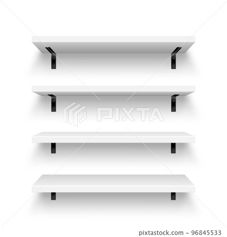 Realistic white store shelves with wall mount. Empty product shelf, grocery wall rack. Mall and supermarket furniture, bookshelf. Modern interior design element, room decoration. Vector illustration 96845533