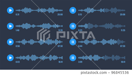 Voice message, social media chat conversation. Messaging app, music player, audio or video editor interface element. Voice assistant, recorder. Sound wave pattern. Dark mode. Vector illustration 96845536