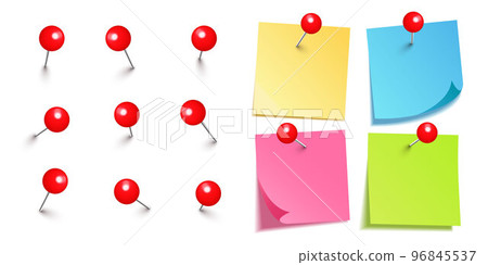 Realistic blank sticky notes isolated on white background. Colorful sheets of note paper with red round push pins. Paper reminder and plastic pushpin with needle. Board tacks. Vector illustration Realistic blank sticky notes isolated on white background. Colorful sheets of note paper with red round push pins. Paper reminder and plastic pushpin with needle. Board tacks. Vector illustration 96845537