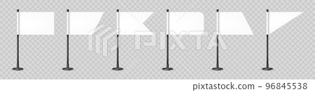 Realistic various table flags on a steel pole. Blank white desk flag made of paper or fabric. Black metal stand. Mockup for promotion and advertising. Vector illustration 96845538