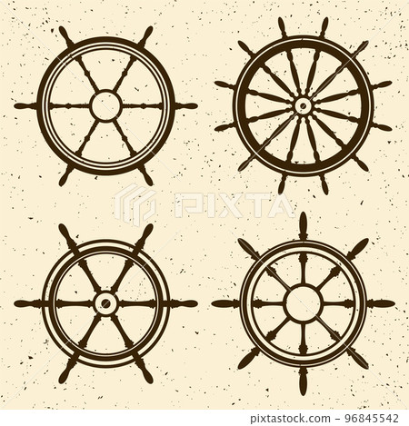 Collection of grunge vintage steering wheels. Ship, yacht retro wheel symbol. Nautical rudder icon. Marine design element. Vector illustration Collection of grunge vintage steering wheels. Ship, yacht retro wheel symbol. Nautical rudder icon. Marine design element. Vector illustration 96845542