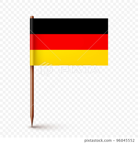 Realistic German toothpick flag. Souvenir from Germany. Wooden toothpick with paper flag. Location mark, map pointer. Blank mockup for advertising and promotions. Vector illustration 96845552