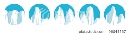Floating icebergs collection. Drifting arctic glacier, block of frozen ocean water. Icy mountains with snow. Melting ice peak. Antarctic snowy landscape. South and North Pole. Vector illustration. Floating icebergs collection. Drifting arctic glacier, block of frozen ocean water. Icy mountains with snow. Melting ice peak. Antarctic snowy landscape. South and North Pole. Vector illustration. 96845567