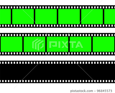 Realistic blank film strip, camera roll. Old retro cinema movie strip with green chroma key background. Analog video recording and photography. Visual effects compositing. Vector illustration 96845573