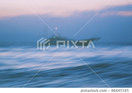 《從漁船窗看日出時在海上疾馳的高速渡船》數字效果色彩處理插畫類圖像 96845585