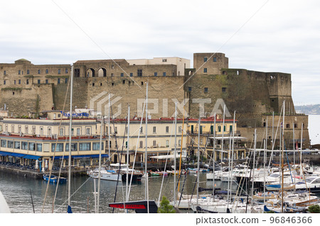 Landscape of yacht harbor and egg castle in naples, italy Landscape of yacht harbor and egg castle in naples, italy 96846366
