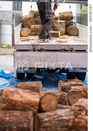 A man unloading cut logs for a wood stove from the bed of a truck A man unloading cut logs for a wood stove from the bed of a truck 96846387