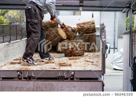 A man unloading cut logs for a wood stove from the bed of a truck 96846389