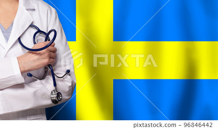 Swedish medicine and healthcare concept. Doctor close up against flag of Sweden background 96846442