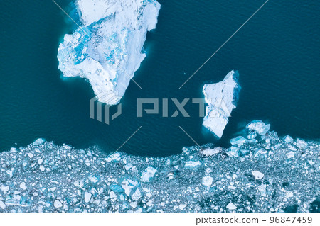 Iceland. An aerial view of an iceberg. Winter landscape from a drone. Jokulsarlon Iceberg Lagoon. 96847459