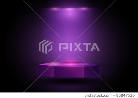 3D neon podium. Exhibition showcase. Purple product display. Projector light. Empty hexagon scene. Illuminated stage. Realistic geometric platform. Dark room effect. Vector background 96847520