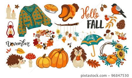 Doodle autumn. Cute hello fall stickers. Turkey and candle. Acorn and leaves. October rain. Pumpkin pie. Warm clothing. Cute hedgehog. Isolated elements set. Vector cartoon collection 96847530