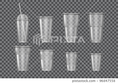 Realistic plastic glass. Transparent juice mug. Water cup with lid and straw. 3D liquid container. Smoothie and cocktail. Portable size. Takeaway drinks packages set. Vector blank design 96847558