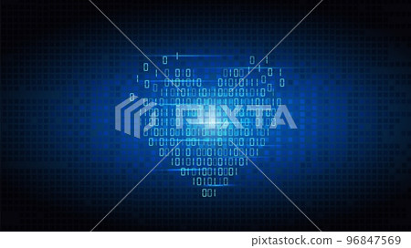 Technology heart. Love data code. Digital tech matrix for Valentine Day. One and zero symbols encryption. Binary internet coding. Programming background. Vector illustration concept 96847569