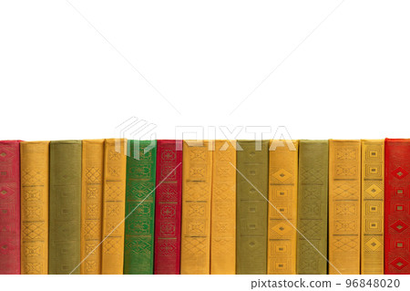 Vintage books arranged exactly in a row, on a white background. Isolate. Copy space 96848020