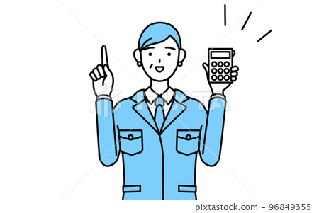 Senior woman wearing work clothes pointing with a calculator (manager, manager, factory manager) 96849355