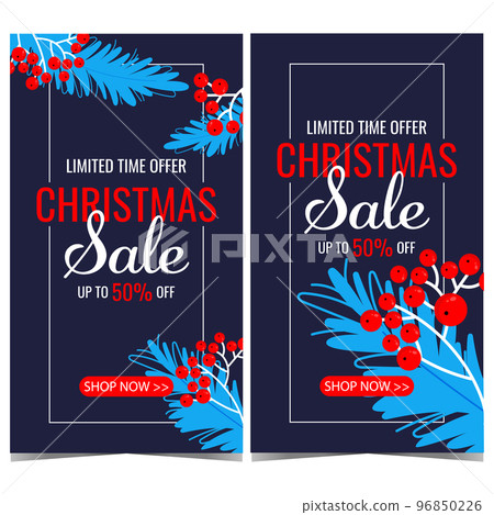 Christmas sale and discount poster design template. Vector banner or flyer for December shopping promotion and winter holidays discount announcement during Christmas fair, market or bazaar. 96850226