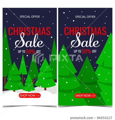 Christmas sale banner or poster with winter landscape on the background. Christmas sale and discount promotion flyer for December shopping season and winter holidays. Vector illustration. 96850227