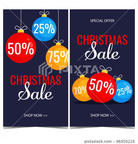 Christmas sale vector banner with bright colorful decorations. Ready to print illustration for Christmas sale and discount promotion. Winter price reduction announcement during December holidays. 96850228