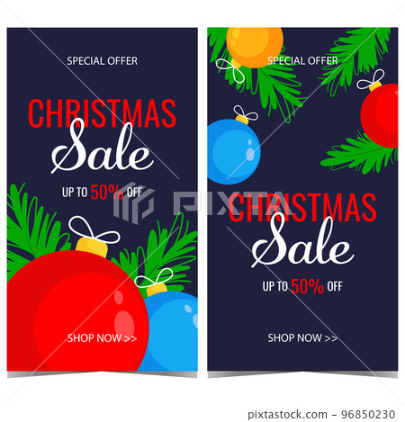 Christmas sale promotion poster or banner template. Vector illustration in flat style with Christmas decorations for announcement of shopping and discount season during Christmas and winter holidays. 96850230