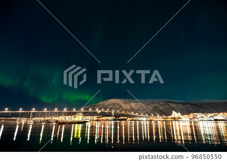 Scenery seen in the city Night view and aurora Tromso night Aurora shining brighter than the night view 96850550
