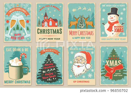 Set of Merry Christmas and Happy New Year poster, flyer, greeting cards. Set quotes with snowflakes, Santa Claus face and Catholic Church . Vector. Design for xmas, new year emblem. 96850702