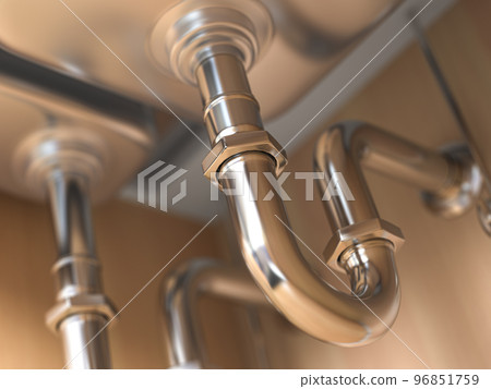 Metal pipes under the sink in the kitchen. Metal pipes under the sink in the kitchen. 96851759