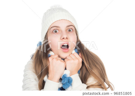 so cold. surprised teen girl in winter clothes feel cold. childhood happiness so cold. surprised teen girl in winter clothes feel cold. childhood happiness 96851805