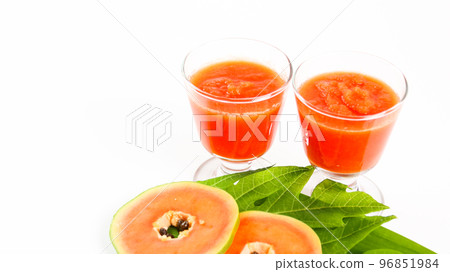 Papaya smoothie in glass jar and glasses on white background diet vegetarian healthy and freshness drink concept soft and selective focus 96851984
