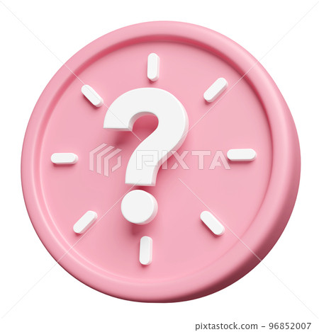 3d cartoon character pink alarm clock wake-up time morning with white question mark symbol isolated. minimal design, meeting time concept, 3d render illustration 96852007