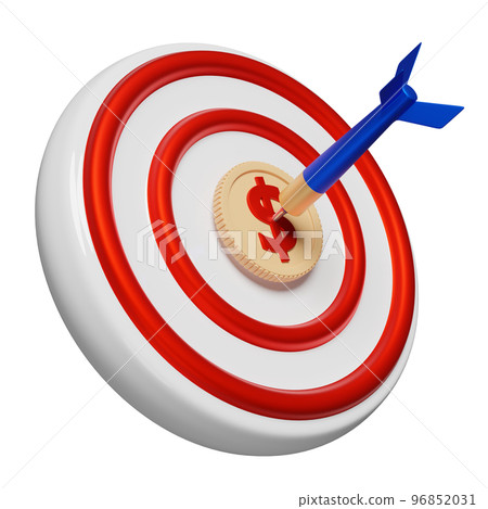 White red target with darts or arrow, dollar coins money isolated. business goal concept, 3d illustration or 3d render White red target with darts or arrow, dollar coins money isolated. business goal concept, 3d illustration or 3d render 96852031
