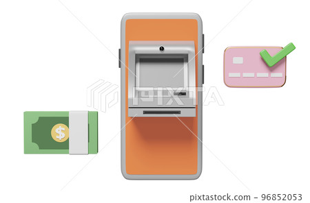 withdrawal cash with atm machine transaction,banknote,check mark mobile phone,smartphone,credit card isolated. 3d illustration,3d render 96852053