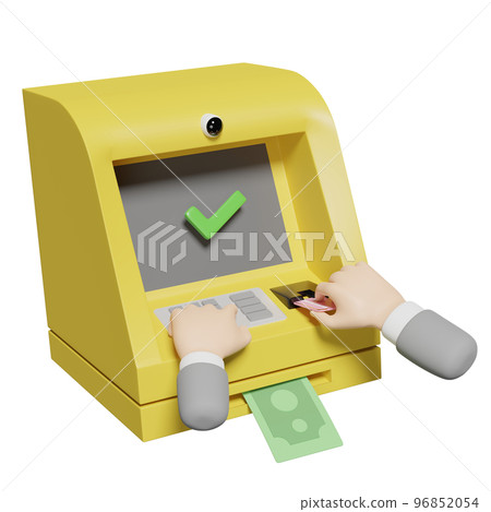 businessman hands withdrawal cash with atm machine transaction, banknote, check mark isolated. 3d illustration, 3d render 96852054