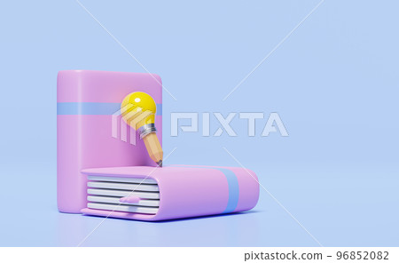3d pink textbook, close book icon with light bulb, pencil isolated on blue background. idea tip education, knowledge creates ideas concept, minimal abstract, 3d render illustration, clipping path 96852082