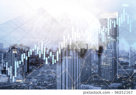 Financial graphs and modernistic cityscape as background for business concept. 96852167