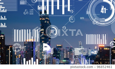 Business data analytic interface fly over smart city showing alteration future 96852461