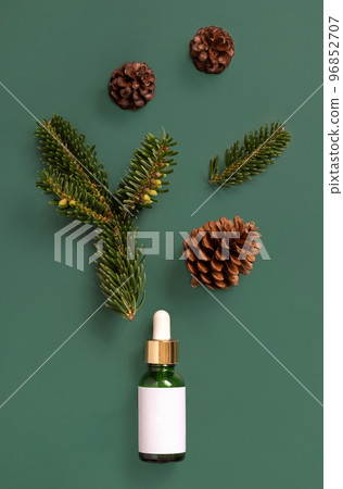 Dropper Bottle near fir branches and pine cones on green top view. Brand packaging mockup 96852707