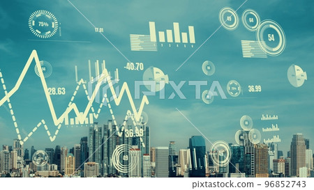 Business data analytic interface fly over smart city showing alteration future 96852743