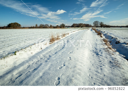Footprints on a snow-covered road between fields 96852822