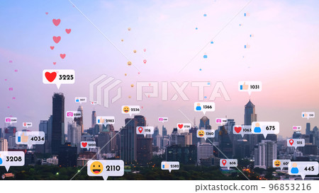 Social media icons fly over city downtown showing people reciprocity connection 96853216
