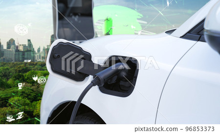 Progressive green city ESG symbol background with electric vehicle. Progressive green city ESG symbol background with electric vehicle. 96853373